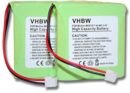 vhbw 2X NiMH Akku Set 600mAh (2.4V) kompatibel mit Medion Life S63006, S63008, S63022, Slim 500, X680 schnurlos Festnetz Telefon - Ersatz für 5M702BMX, GP0827, GPHP70-R05
