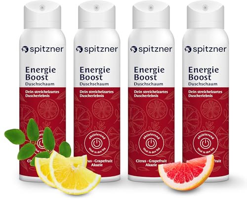 Spitzner Duschschaum Energieboost (4 x 50 ml) – Aktivierende Wellness-Dusche, Zitrone und Holz, lebensfroh und energiegeladen, sanft reinigender Schaum, hautverträglich und 100% vegan