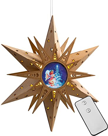 Bonetti LED Holzstern Ø 30 cm Engel Fensterstern Stern Weihnachtsdeko Weihnachten
