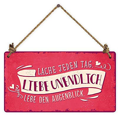 Grafik Werkstatt Wand Vintage-Art | Lache jeden Tag. Liebe unendlich. Lebe den Augenblick | Retro | Nostalgic | Pappschild mit Kordel| Deko-Schild Cardboard, Pappe, bunt, 22 x 12 cm