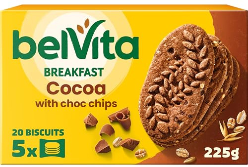 Belvita Cocoa & Choc Chip Breakfast Biscuits, 200 g (Pack of 10) | Wholegrain, High in Fibre, Crunchy Texture, Less Sugars, Vegetarian Friendly, Multipack 200 Total Biscuits