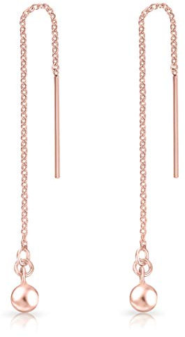 DTPsilver Orecchini Pendenti Donna Argento 925 Placcato Oro Rosa - Orecchini Lunghi con Catena e Palla - Lunghezza 73 mm