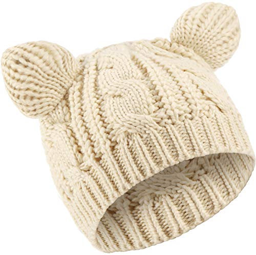 SATINIOR Niedliche Katzenohren-Beanie-Mütze, Strickmütze, Winter-Strickmütze mit Zopfmuster für Damen, Beige, Medium