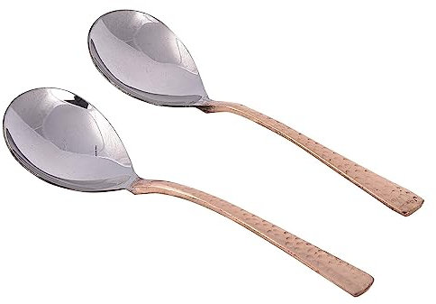 Ajuny Set of 2 Copper & Stainless Steel Serving Spoons - Handcrafted Indian Dinnerware for Buffets & Family Meals - 8 Inch