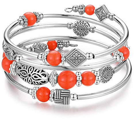 BULINLIN Beaded Silver Bangle Wrap Bracelet for Her, Layered Bohemian Bracelets with Natural Stone, Jewellery Gifts for Women Ladies(Orange)