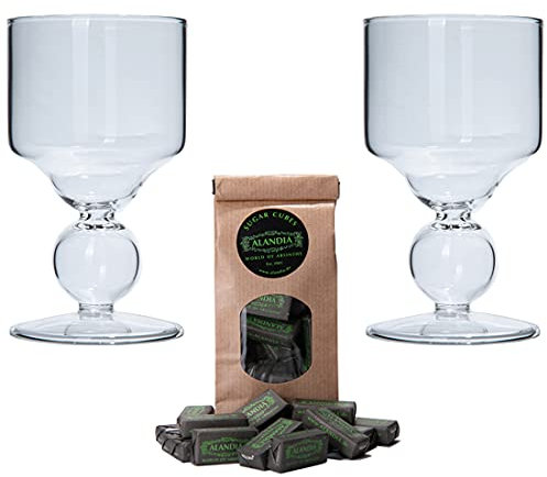 ALANDIA Absinth Gläser Set 2x Handgemachte Bubble Gläser mit Reservoir | 1x Zuckerwürfel | Professionelles Zubehör für das Trinkritual