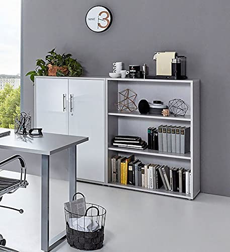 Schrankwand Office Edition abschliessbarer Aktenschrank Büroschrank Büromöbel Regal in Lichtgrau/Weiß Hochglanz (Set 1 Niedrig)