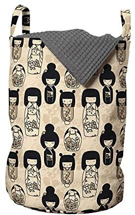 ABAKUHAUS Ethnisch Wäschesack, Kleine Kokeshi Dolls, Wäschekorb mit Griffen Kordelzugverschluss für Waschsalons, 33 cm breit x 49 cm hoch, Beige Black and Tan