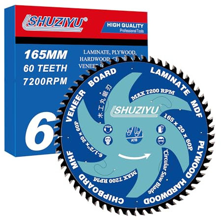 LSHUZIYU, 165mm 60T, Thin Kerf 1.6mm. Centre hole 20mm with 15.88mm Washer. Wood Cutting Circular Saw Blade, For Cordless Saw.