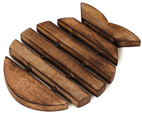 eTroves Wooden Trivet for Hot Dishes Pots and Pans Nonslip Wood Fish Shape Heat Resistant Tea Pot Holder | Farmhouse Kitchen Counter Top Decor, 10 Inch, Brown