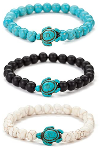 Liitata 3 Stück Schildkröte Armband Naturstein Armband Yoga Perlen Armbänder Elastisches Seil Bracelets für Damen und Herren Schwarz Weiß Grün