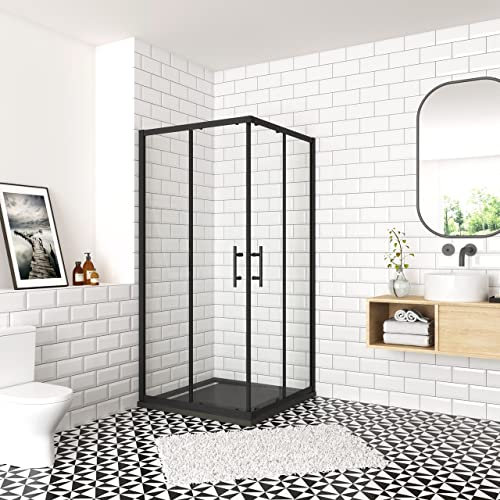 Box Doccia Angolare Porta Scorrevole 100x100x190 cm Vetro Temperato Trasparente 6 mm Easyclean Anticalcare Telaio Nero Opaco