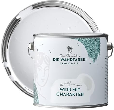 MissPompadour edelmatte Wandfarbe Weiß mit Charakter 2,5L - sehr hohe Deckkraft - geruchsneutrale, spritzfreie Farbe - atmungsaktive, wasserbasierte Innenfarbe/Deckenfarbe - Die Wertvolle