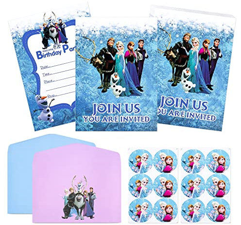 Frozen Einladungskarten Kindergeburtstag, 12 Einladungen Geburtstag + 12 Umschläge + 12 Aufkleber, Kindergeburtstag Partyzubehör, Einladungskarten Mädchen Junge, für Kinder Einladungen Party Lädt