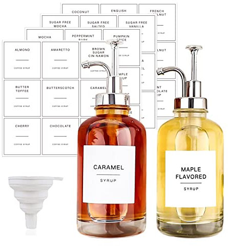 2 Stück Kaffeesirupspender mit 36 Etiketten, Pumpspender, Kaffeebar, Minimalistische Glasahorn/Kaffeeflaschen, Einfache Sirupflaschen, Glas Spenderflaschen für Kaffee, Bar, Hausbar, 500 ml (Silber)