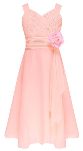 Aislor Bebe Fille Robe Demoiselle d'honneur Mariée Enfant Robe de Cérémonie Communion Asymétrique Robes A Fleur Bretelles Rose 7-8 Ans