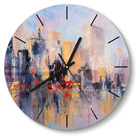 DEQORI Glasuhr | rund Ø 30 cm | Motiv Wolkenkratzer am Wasser | ausgefallene leise Design Uhr aus Glas | Wanduhr für Wohnzimmer & Küche | Moderne Hingucker Uhr für die Wand