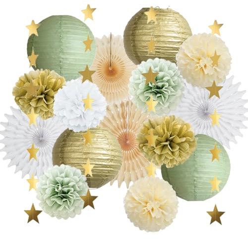 Party Deko Salbeigrün Gold Salbei Geburtstag Partydeko Grün Gold Babyparty Deko Grün Beige Papierlaternen Pompons Papierfächer Set für Hochzeitsdeko Salbeigrün Weiß JGA Deko