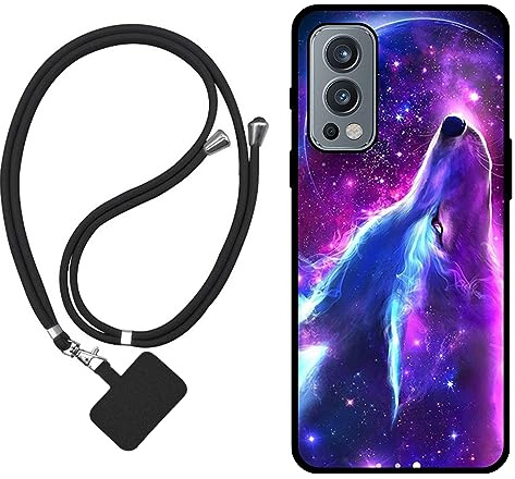 Sunrive Hülle Kompatibel mit OnePlus Nord 2 5G Case,matt Handyhülle Schutzhülle Etui Karikatur Muster TPU Backcover (Wolf,Mond,Sterne) +1x Universale Handykette MEHRWEG