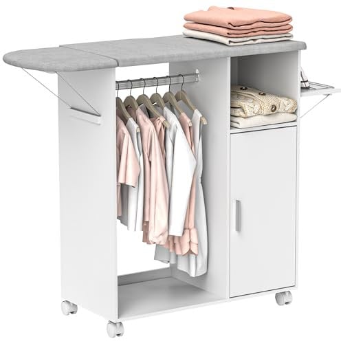 HOMCOM Armoire pour Table à Repasser en aggloméré et éponge avec étagère en Tissu Effet Lin, 3 étagères cubiques et Rail de Suspension, 127x42.5x99 cm, Blanc