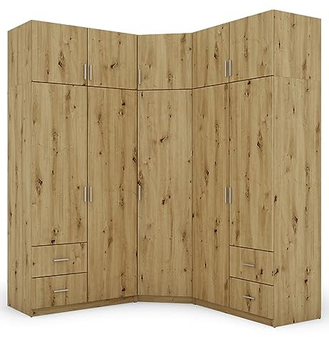 e-Meblast - 3-teilige Eckschrank - 189x240x54 cm - Ohne Spiegel - Schlafzimmer, Wohnzimmer Eck Ecke Eckeschrank - 20 Einlegeböden - 4 Schubladen - 3 Kleiderstange - Schrank - PVC-Kante - Artisan Eiche