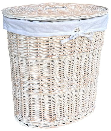 Arthur Cameron Deluxe Oval Wicker Laundry Basket Wash Bin with Lid (Large, White)