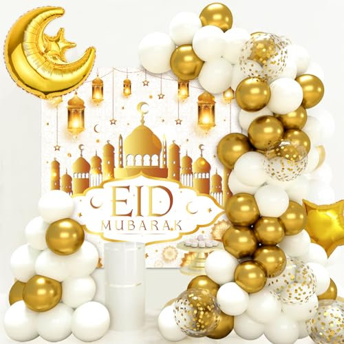 Eid Mubarak Arche ballon Blanc Or, 70pcs Ramadan Mubarak Guirlande Ballon Kit avec Bannière Eid Mubarak Lune Étoile Ballon Foil, Ramadan Kareem Décoration Blanc Gold pour Eid Mubarak Fête Aïd Décor