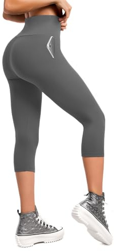 Walifrey High Waisted Capri Leggings for Women UK with Pockets ,3/4 Length Opaque Gym Leggings for Yoga Workout Grey SM