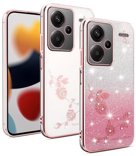 XINYEXIN Cover per Xiaomi Redmi Note 13 Pro Plus 5G / Pro+ 5G Trasparente con Glitter Brillante e Design Floreale, Custodia Antiurto Ultrafina Elegante, Case Cover - Oro rosa