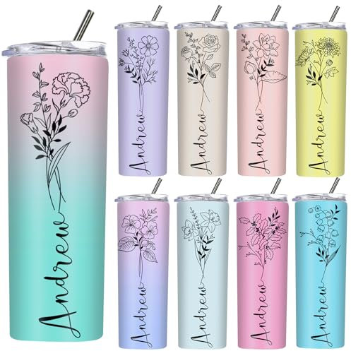 Vaso delgado personalizado con flor de nacimiento, vaso aislado con nombre, popote y tapas, vasos de acero inoxidable personalizados, regalos para cumpleaños, día de San Valentín, 20 onzas