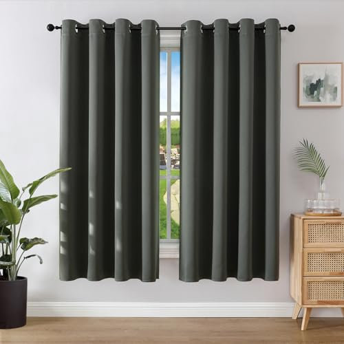 Joydeco Blackout Curtains for Bedroom 52 x 54 Inch, Eyelet Thermal Insulated Energy-saving Drapes for Room Darkening Light Filtering, Short Window Treatments 54 Inch Drop, 2 Panels - Dark Grey