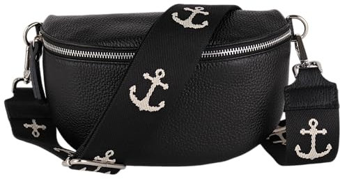 MIRROSI® Bauchtasche Damen, Echtleder, Made in Italy, Umhängetasche, Brusttasche, Crossbody Bag (1 Tasche & 2 Gurte) (Schwarz (Anker Schwarz), Kleine Tasche (22x13x6cm))