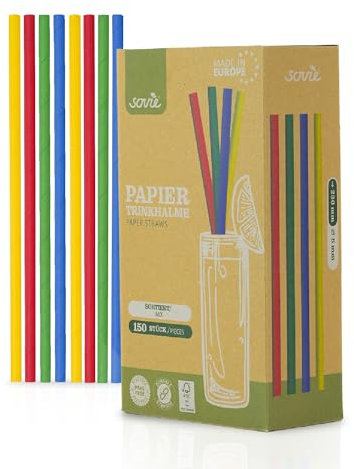 Mank Trinkhalme aus Papier, Papiertrinkhalme, Papptrinkhalme, Strohhalme, Trinkhalme aus Papier | (150, Gelb, Rot, Grün, Blau, Ø 8 mm / 23 cm)