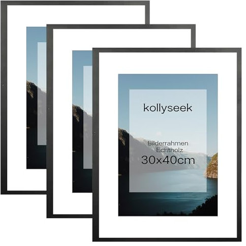kollyseek Bilderrahmen 30x40cm Schwarz 3er Set Echtholz mit Passepartout Pine Holz Rahmen mit Acrylglas Kieferholz Fotorahmen mit Bruchsicherem Acrylglas platten bilderrahmen Schwarz zimmer deko