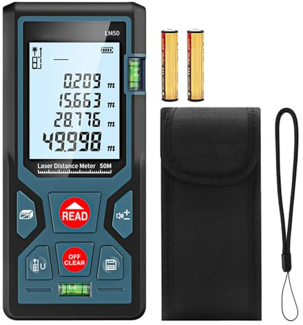Tiardey Télémètre, télémètre Laser numérique LM50 50M avec rétroéclairage LCD M/in/Ft avec Plusieurs Modes de Mesure tels Que Les mesures de Pythagore/Distance/Surface/Volume