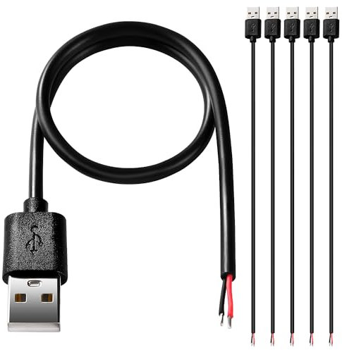 KUOQIY 5 PCS USB-A Male 2 Pin Bare Wire, 30cm 22AWG USB 2.0 Male Plug 2pin Wire DIY Pigtail Cable 5V 3A, for USB Equipment Installed or DIY Replace Repair