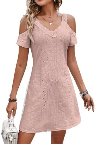 seiveini Femme Robe D'été Court sans Manches Elegant Casual Modi Robe Fluid Col en V Robe Pas Cher Boho Robe de Plage à Bretelles Robe Casual Été Ample Robe Évidé Décontracté A Rose M