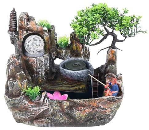 Zimmerbrunnen Tischbrunnen LED Wasserfall Desktop Springbrunnen Beleuchtung Luftbefeuchter Geschenk Dekoration 30 x 18 x 26 cm mit Pflanzen Steingarten und Nebel Große Fischteich