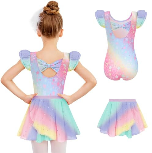 Arshiner Ballettkleidung Mädchen Ballettkleid Regenbogen Balletttrikot Kurzarm Zweiteiliger Ballettanzug Kinder Ballerina Kostüm Ballett Tanzbody mit Rock Tütü 9-10 Jahre
