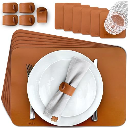 MIQIO Tischset aus Kunstleder - 18er Tisch- Untersetzer-Set - Leder Platzsets abwaschbar - 6 Platzsets, Glasuntersetzer, Serviettenringe | Cognac | rechteckig