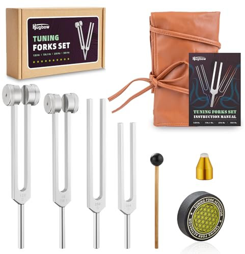 Hugbow Diapason pour guérison, diapason en alliage d'aluminium 128 Hz, 136,1 Hz, 256 Hz, 384 Hz, activateur de palet de hockey et pieds, ensemble de diapasons lestés et non lestés avec pochette en