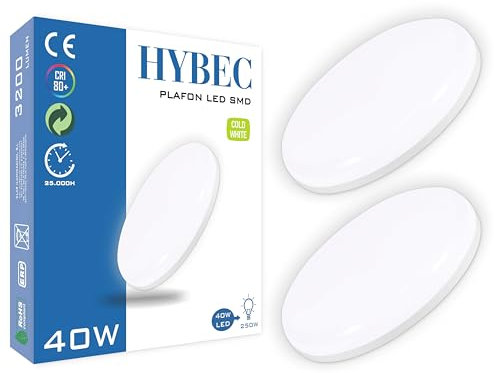 HYBEC - Plafonnier LED, Plafonnier Salle de Bain, Plafonnier Salon, Plafonnier Cuisine, Plafonnier LED Chambre, Plafonnier LED Blanc Froid, Plafonnier Rond, Blanc Froid 6000Kº 40W (Pack 2)