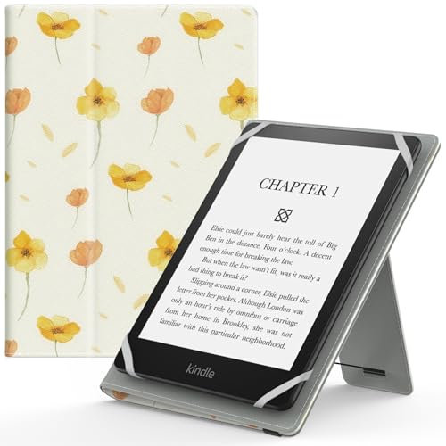 MoKo Custodia Cover Universale Compatibile con E-Lettore Kindle/Kobo/Voyaga/Lenovo/Sony/Tolino da 6, 6,8 e 7, in Pelle PU con Chiusura di Elastico, Doppio Supporto e Manico, Fiore su Bianco