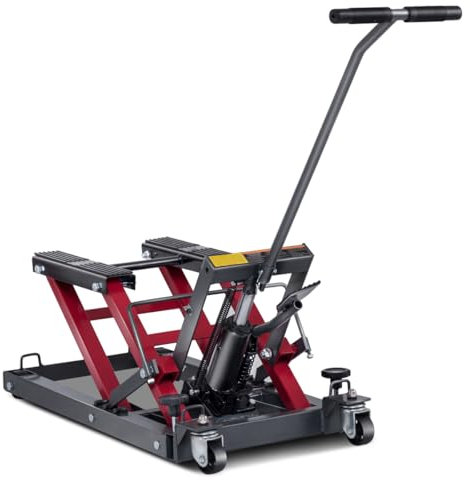 COSTWAY 680kg Hydraulic Motorcycle Lift, Motorbike Jack Lift Table with 14-43cm Adjustable Platform, 3 Positions Safety Locks, T-Handle & 4 Wheels, Foot-Operated Hoist Stand for Quad ATV (Black+Red)