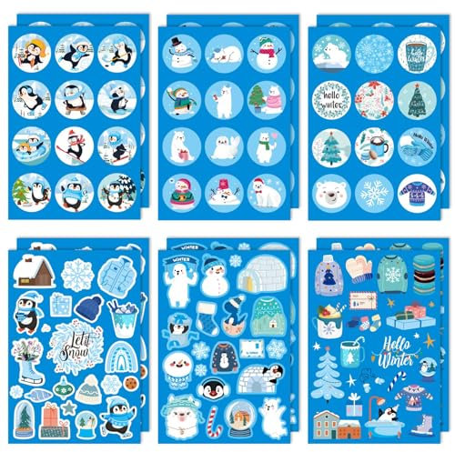 206pcs Autocollants Hiver, Autocollants de Vacances d'Hiver avec Bonhomme de Neige Arbre de Noël Pingouins Autocollants pour Fête d'Enfants pour Enveloppes Cartes Artisanat Décoration