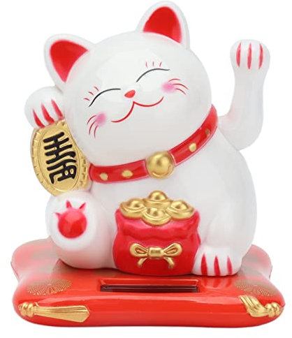 LetCart Chat porte-bonheur chinois, bras agitant le chat, chat porte-bonheur mignon à énergie solaire avec bras agité pour bureau, voiture, décoration de bureau à domicile (blanc)