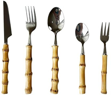 WYRMB Juego de cubiertos de 5/20/30/40/50/60 piezas, mango de madera de bambú, cubiertos de acero inoxidable, cuchillo creativo para carne, tenedor, cuchara, tenedor, cuchara, tenedor, cuchara