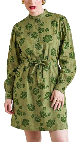 Enorsia Womens High Neck Green Floral Belted Mini Dress - Elegant Viscose with Puff Sleeves, Comfortable Fit for Any Occasion (UK, Numeric, 14, Regular, Regular, Green)