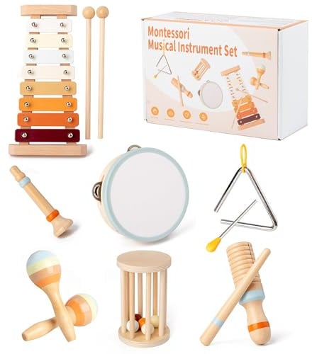 TAIHOBO Musikinstrumente für Kinder, 7-Teiliges Montessori Baby Musikspielzeug, mit Xylophon und Trommel Kinder und Holz Trompete Kinder, Musikinstrumente Kinder für Vorschulbildung Von 1-3 Jahre
