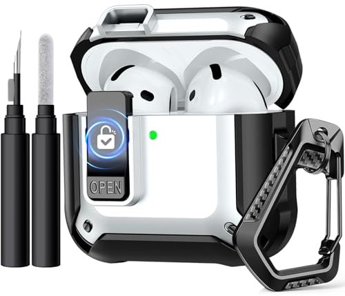 Epova Hülle Kompatibel mit AirPods 4 Hülle Case, Fallschutz-Hartschale mit Sicherem Verschluss Clip Kompatibel mit Apple AirPods 4th Generation Hülle (2024), mit Reinigungsset & Karabiner, Weiß